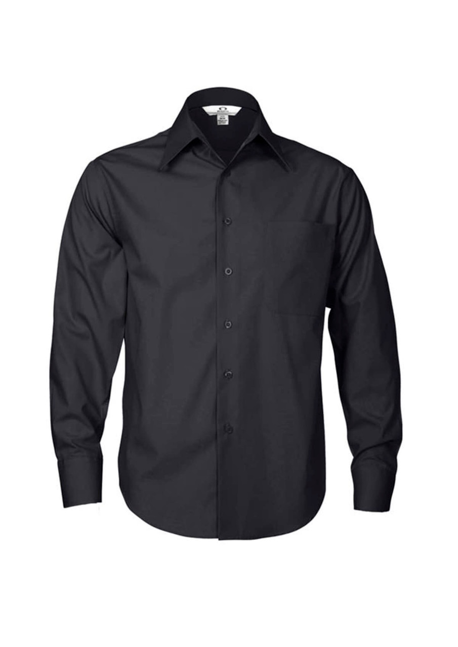 A black long sleeve button-up shirt featuring a single pocket and a collar. It includes a logo on the label.