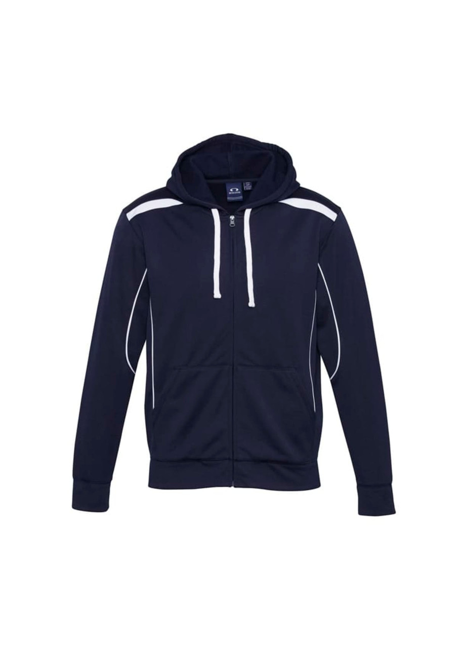 A navy hoodie featuring a zip front and white detailing, with a hood and long sleeves. It has a logo on the chest.