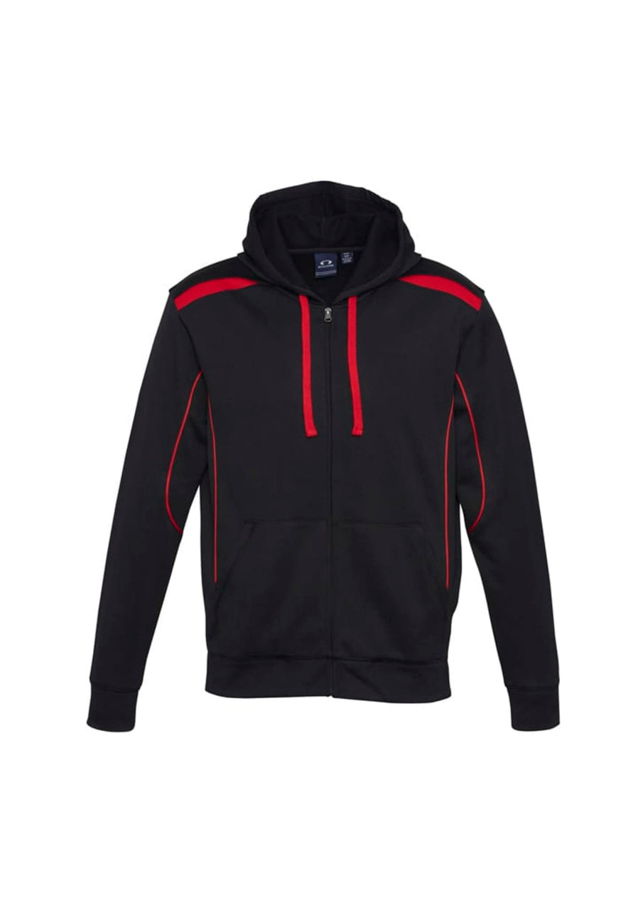 A black hoodie with red accents and a drawstring hood, featuring a zip front and pockets.
