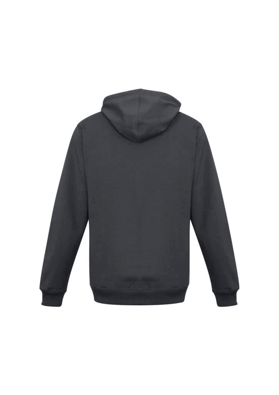 A dark grey men's crew hoodie with a hood and long sleeves, featuring a logo on the back.