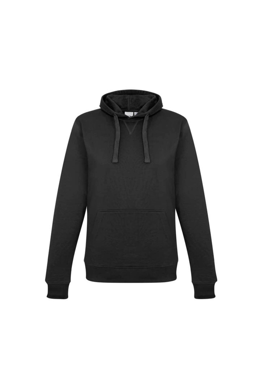 A women's crew hoodie in black with a kangaroo pocket, featuring a hood and ribbed cuffs.