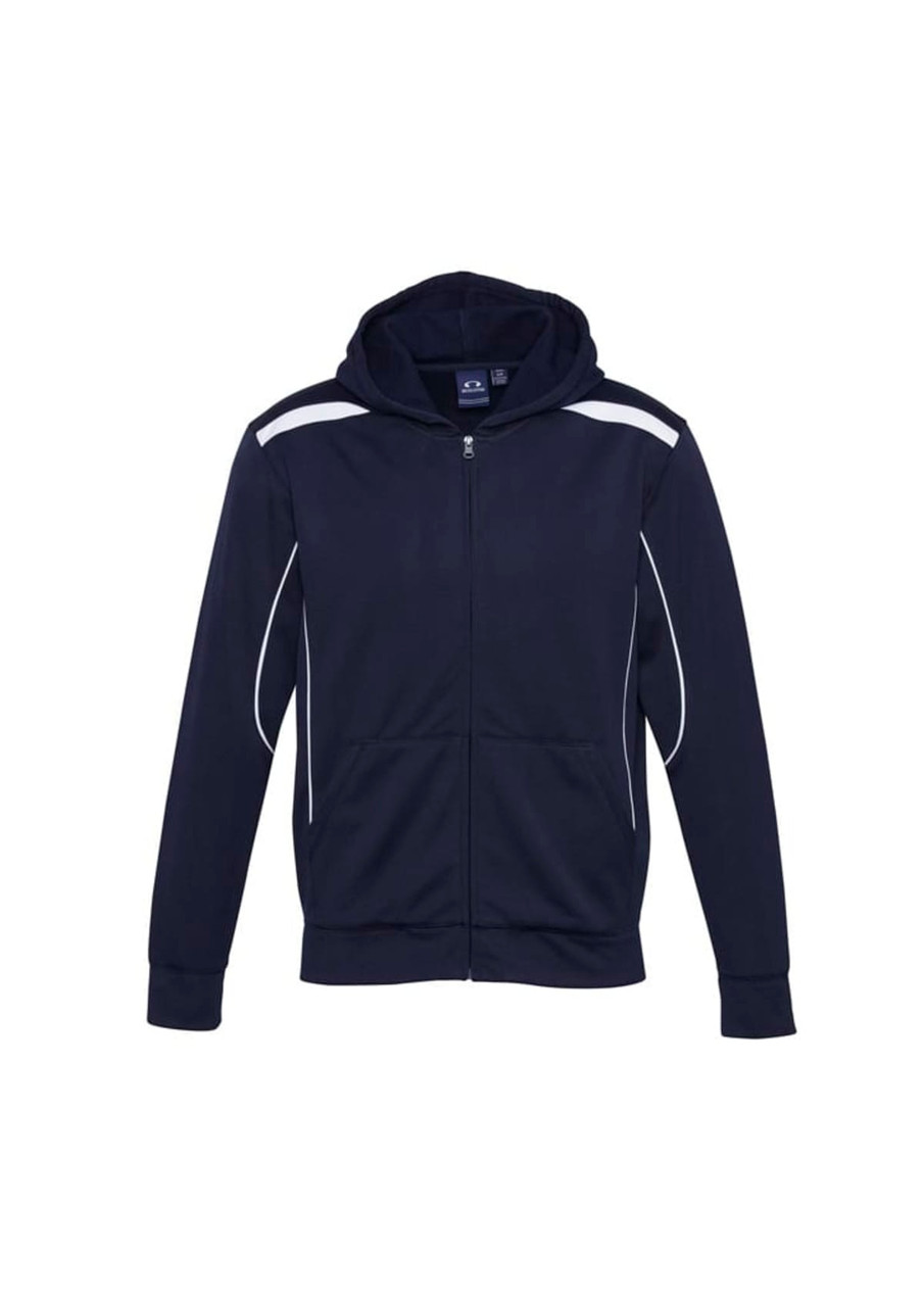A navy blue hoodie featuring a zip front and white detailing, designed for kids, with a logo present.