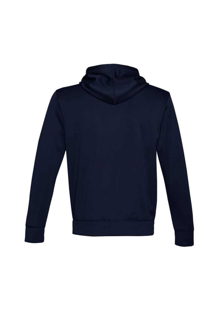 A navy blue hoodie featuring a hood and long sleeves, with a simple, clean design at the back.