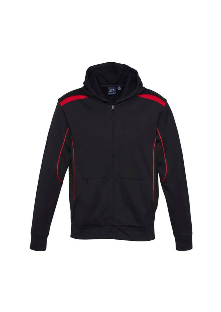 A black hoodie with red accents, featuring a front zip and pockets, and has a logo on the chest.
