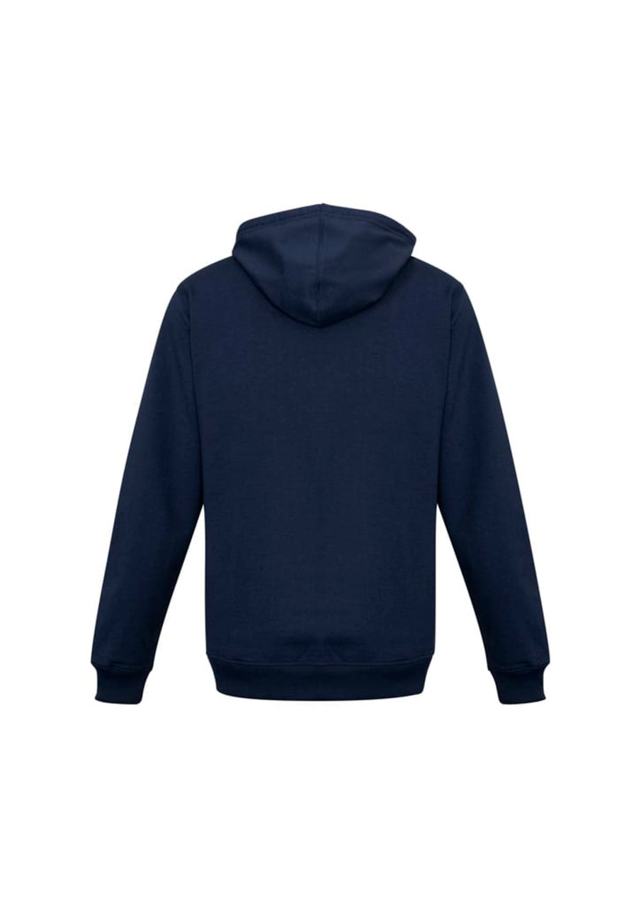 A navy men's crew zip hoodie with a hood and long sleeves, featuring a logo on the back.