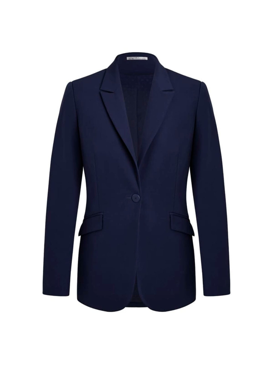 A navy longline blazer jacket with a single button closure and two front pockets. It features a lapel collar and a tailored fit.