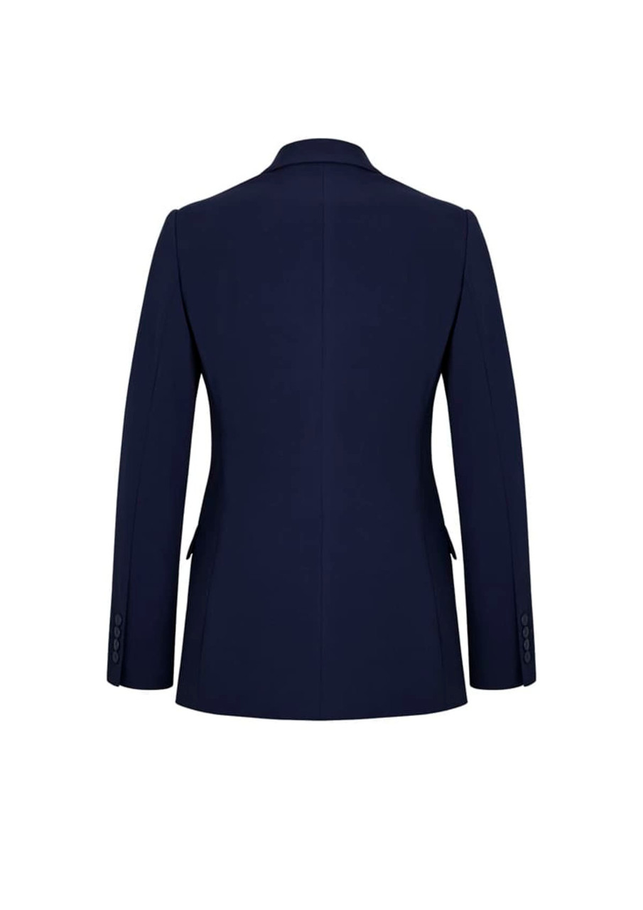 A navy women's longline jacket featuring a tailored back design and a single vent. The jacket has branding details.