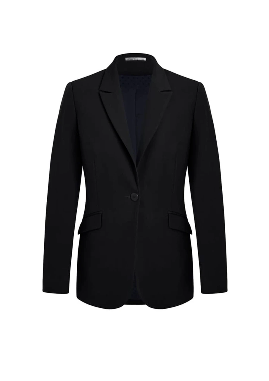 A black longline jacket featuring a classic blazer design with a single button and two pockets.
