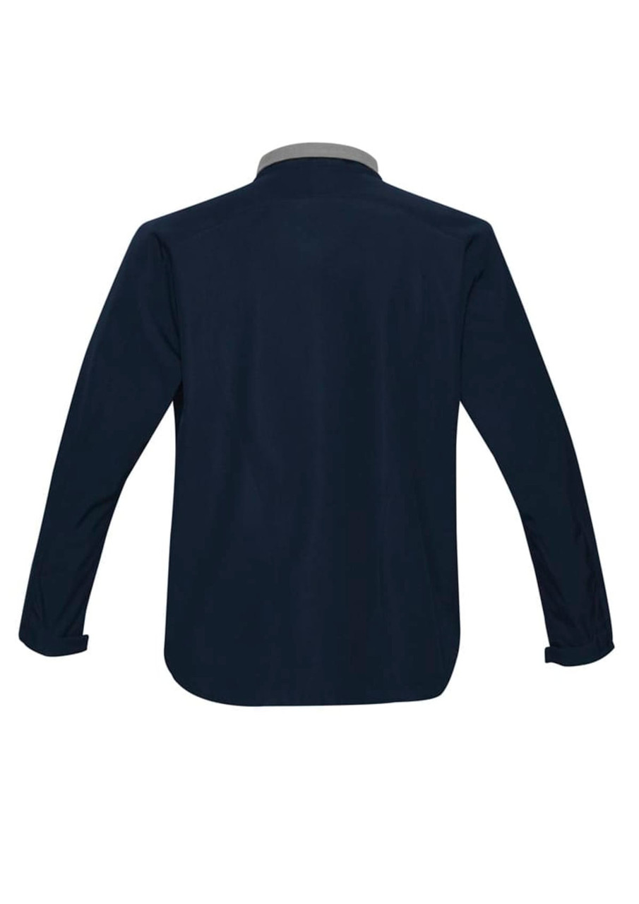 A navy soft shell jacket featuring a light grey collar, with long sleeves and a back view. It has a logo.