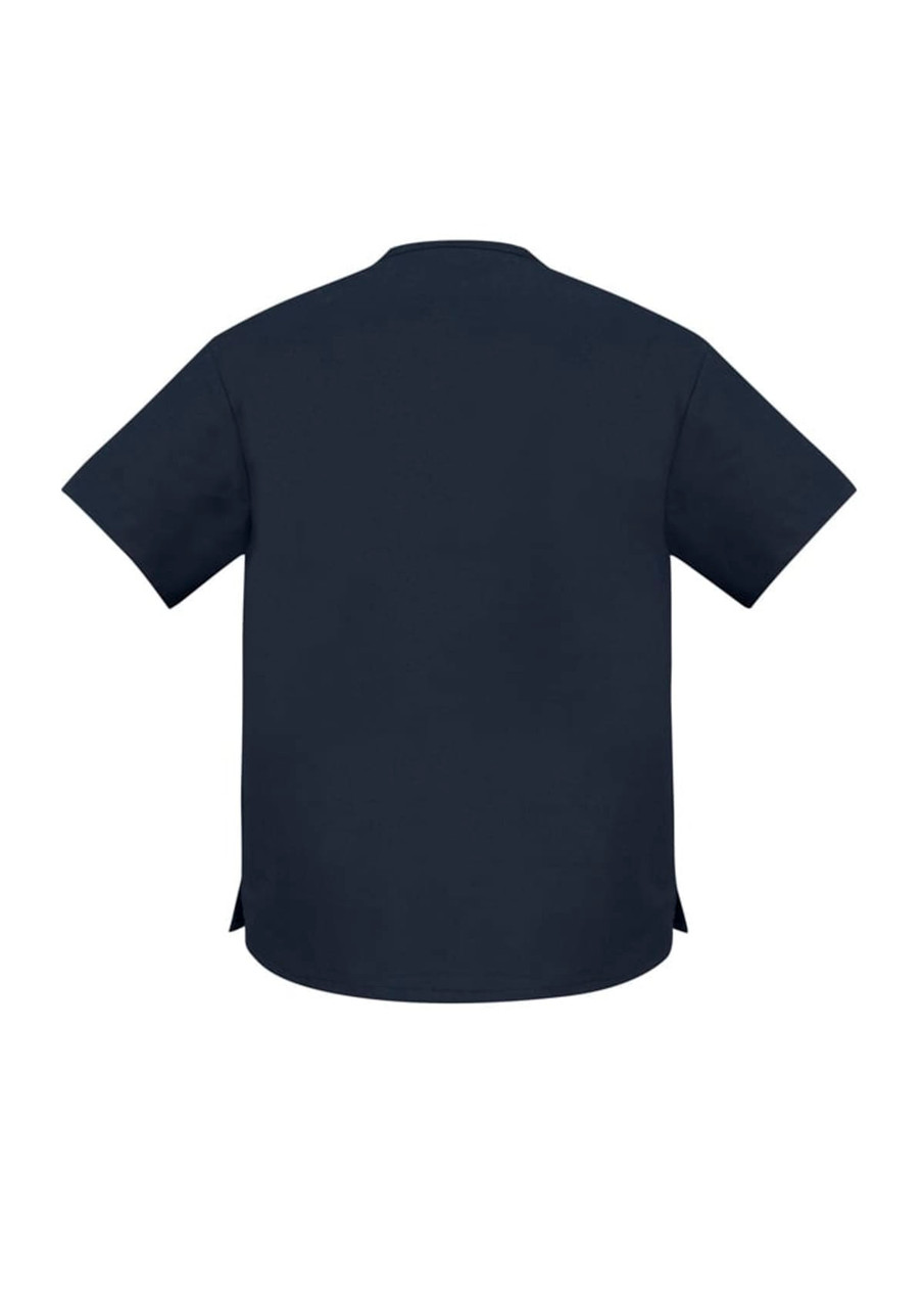 A dark navy unisex scrub top with short sleeves and a relaxed fit, featuring a plain design.
