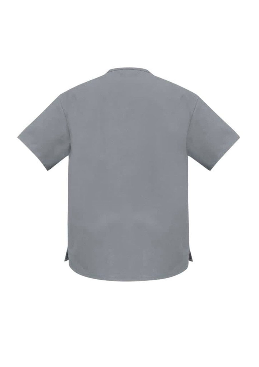 A grey unisex scrub top with short sleeves and a classic design. Features a logo on the back.