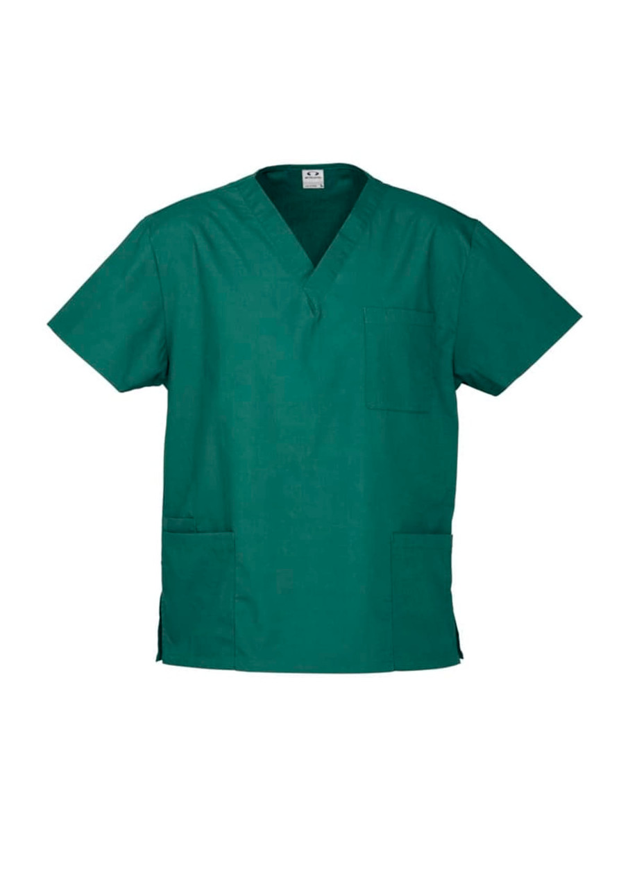 A green unisex scrub top with a v-neck, short sleeves, and a chest pocket, featuring two side pockets and a logo.