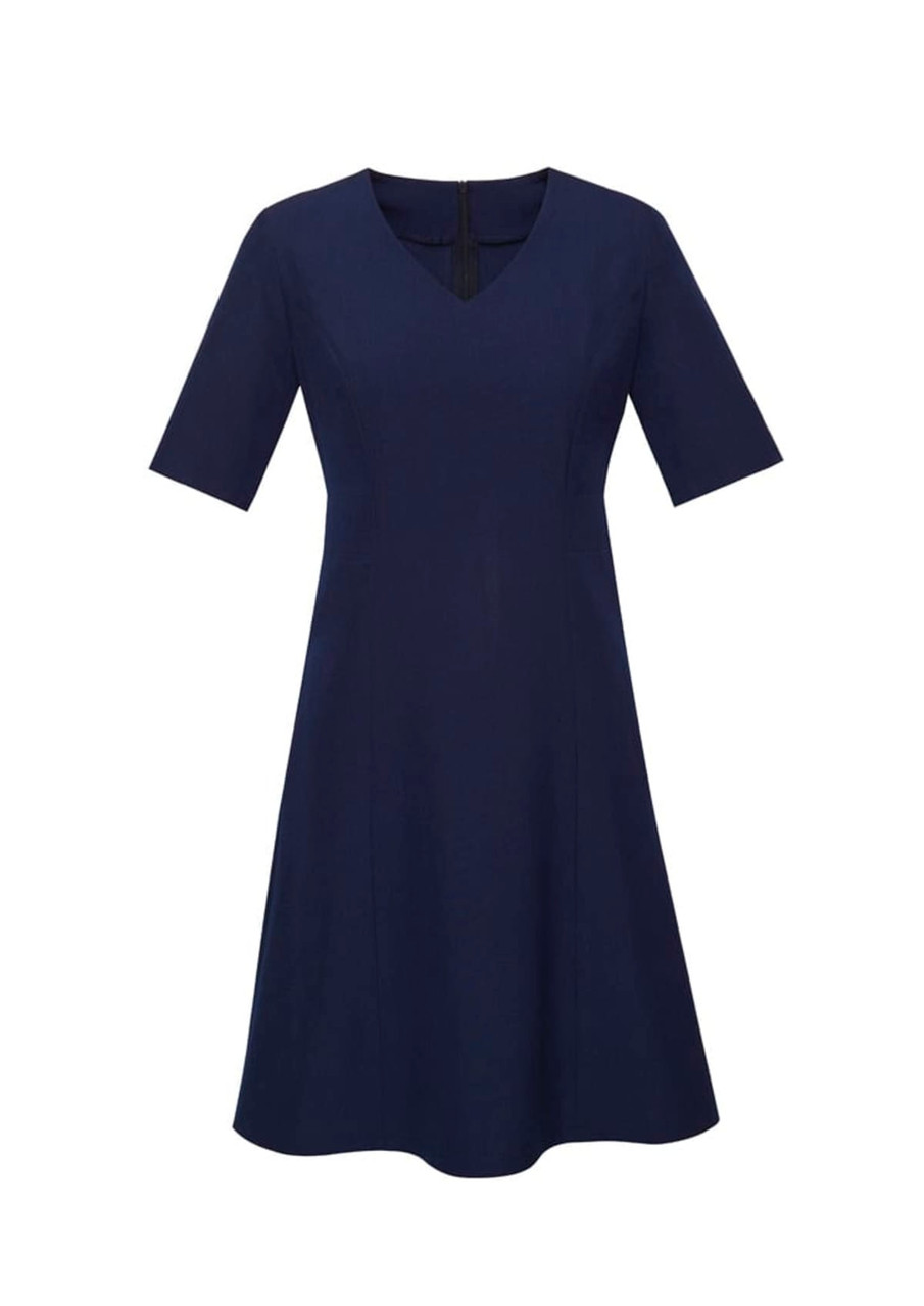 A navy blue extended short sleeve dress with a v-neck and flared skirt. It features a back zip and has a logo.