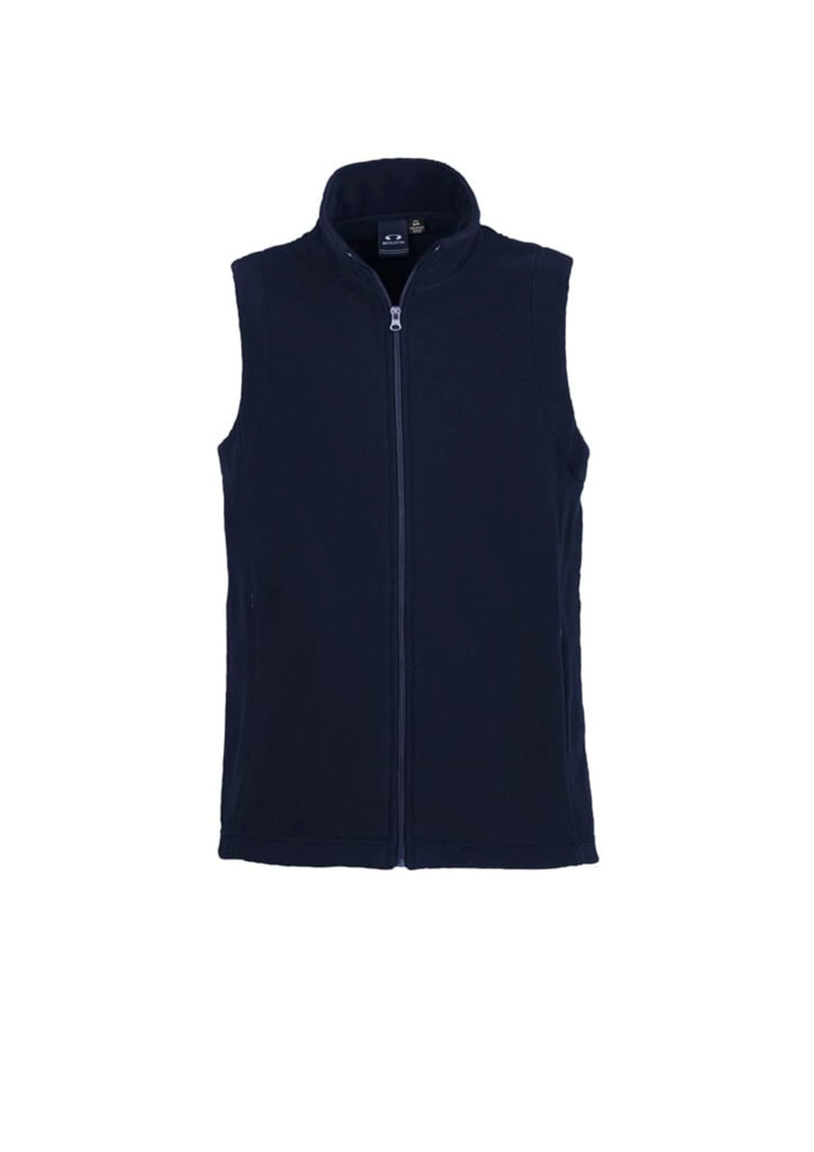 A plain navy micro fleece vest with a high collar and a zip closure, featuring a logo.