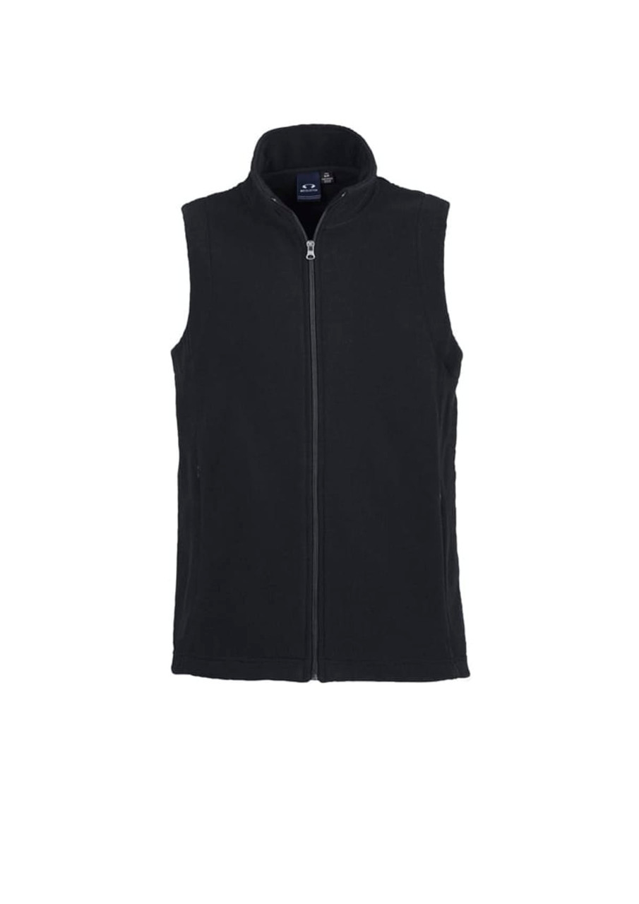 A black micro fleece vest with a zip fastening and stand collar. Features a logo on the upper left side.