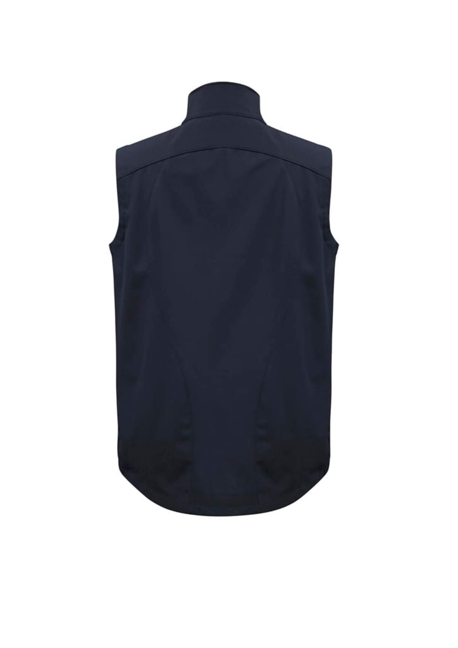 A black men's vest featuring a high collar and a smooth back design, complete with a logo.