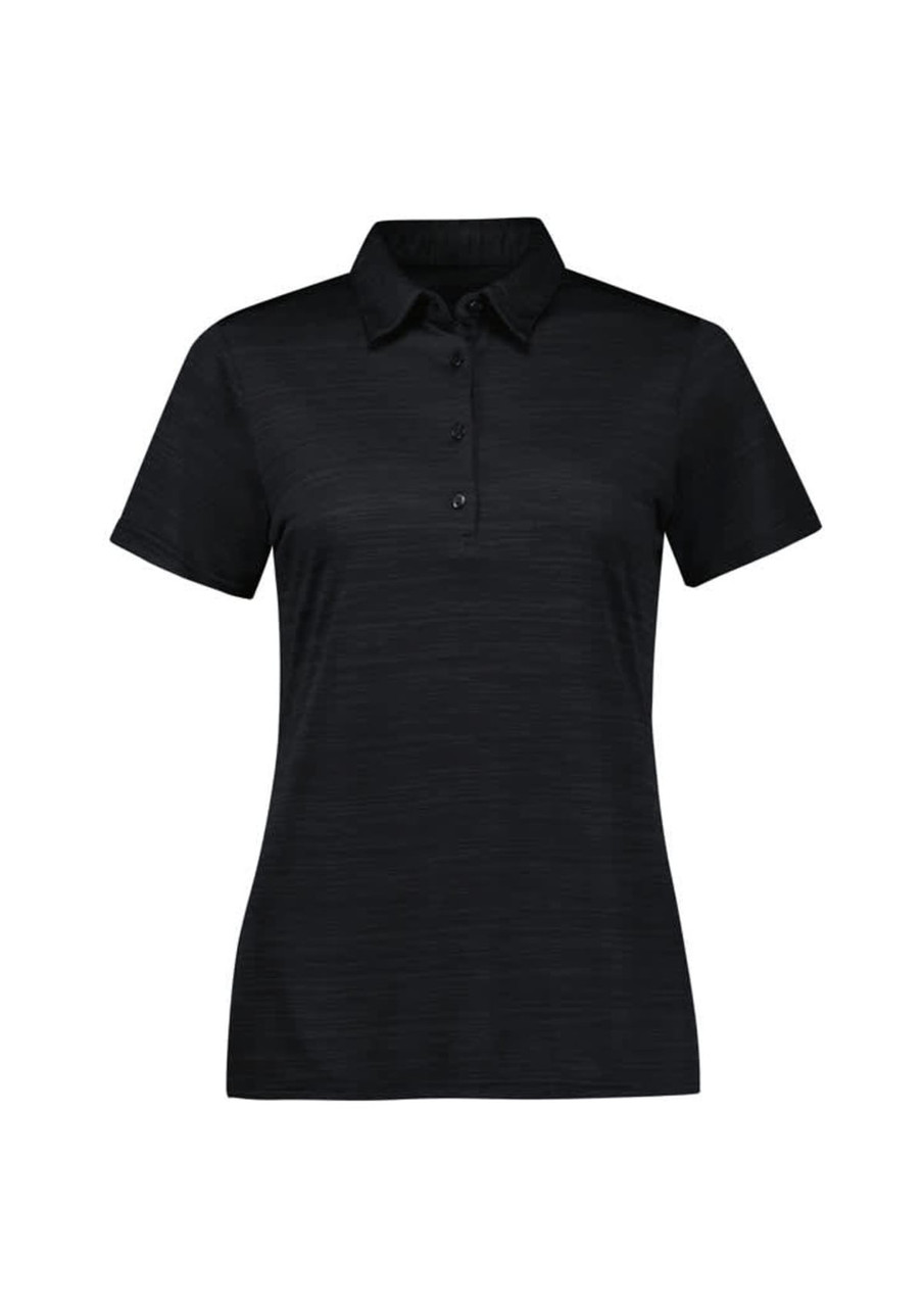 A black women's short sleeve polo shirt with a collar and button placket, featuring a subtle textured design.
