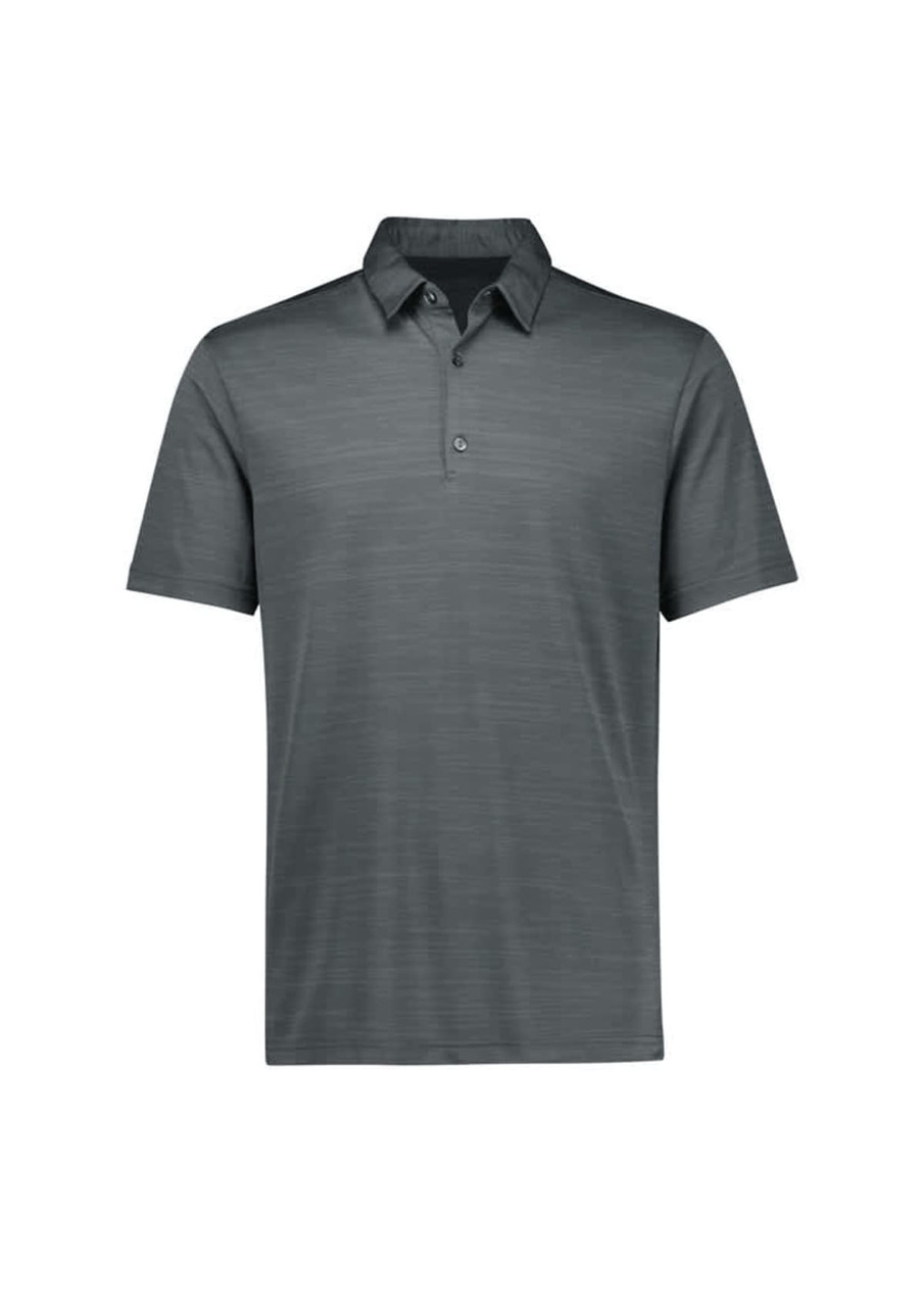 A short sleeve polo shirt in a dark green hue, featuring a collar and buttons, with a subtle textured pattern.