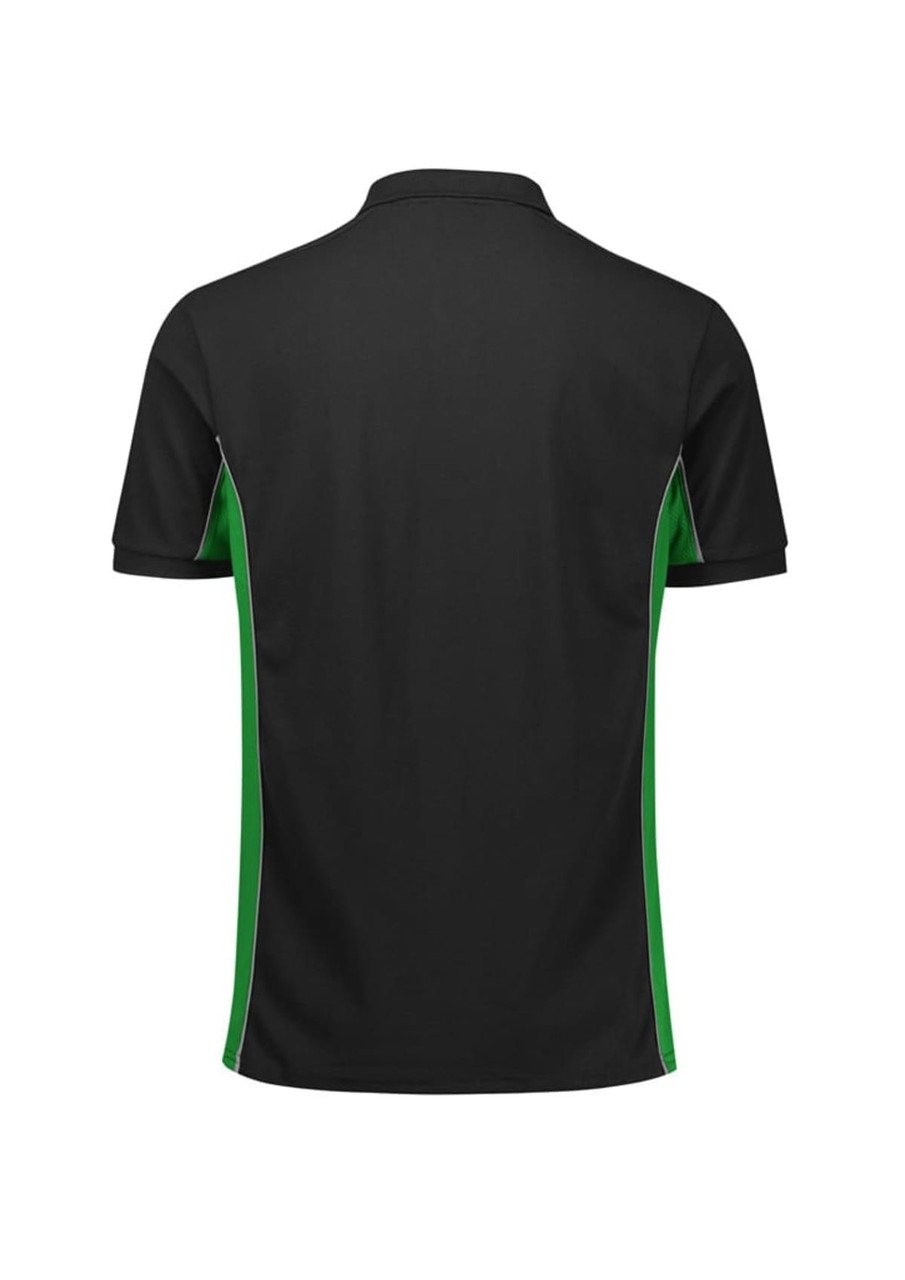 A black unisex polo shirt with green side panels and a logo. Features short sleeves and a classic collar.