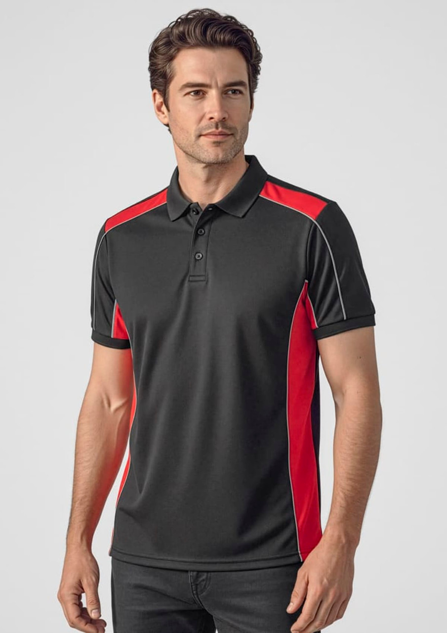 A unisex black polo shirt with red side panels and a logo, featuring short sleeves and a classic collar.
