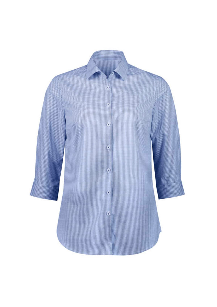 A women's 3/4 sleeve button-up shirt in light blue gingham pattern, featuring a collar and a button placket.