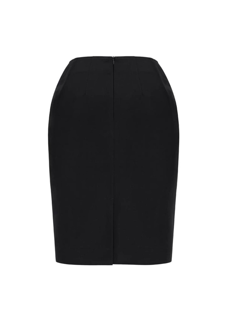 A black women's pencil skirt featuring a fitted design and a back zipper. Includes branding on the label.