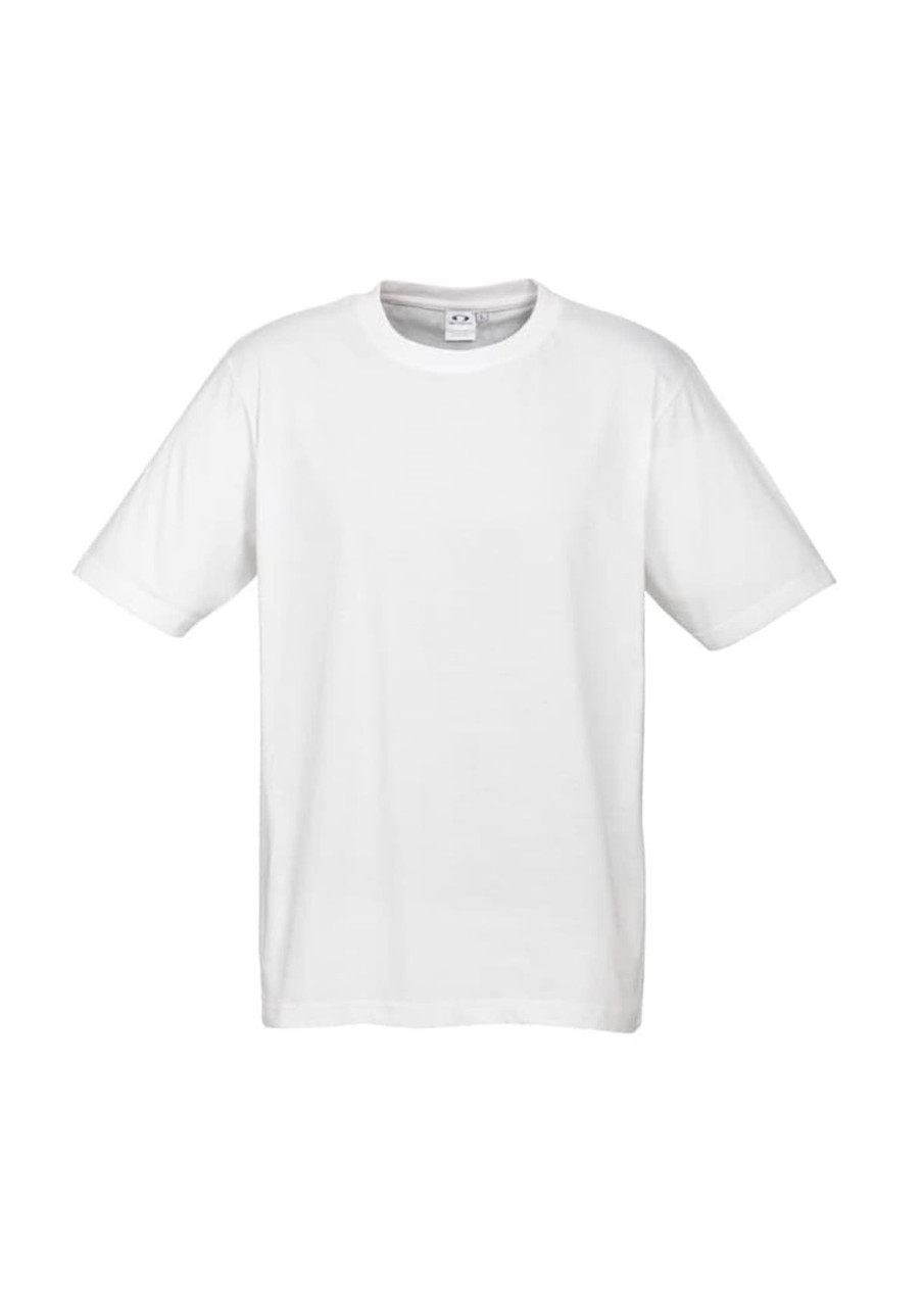 A white short sleeve tee with a casual fit and a logo on the tag.