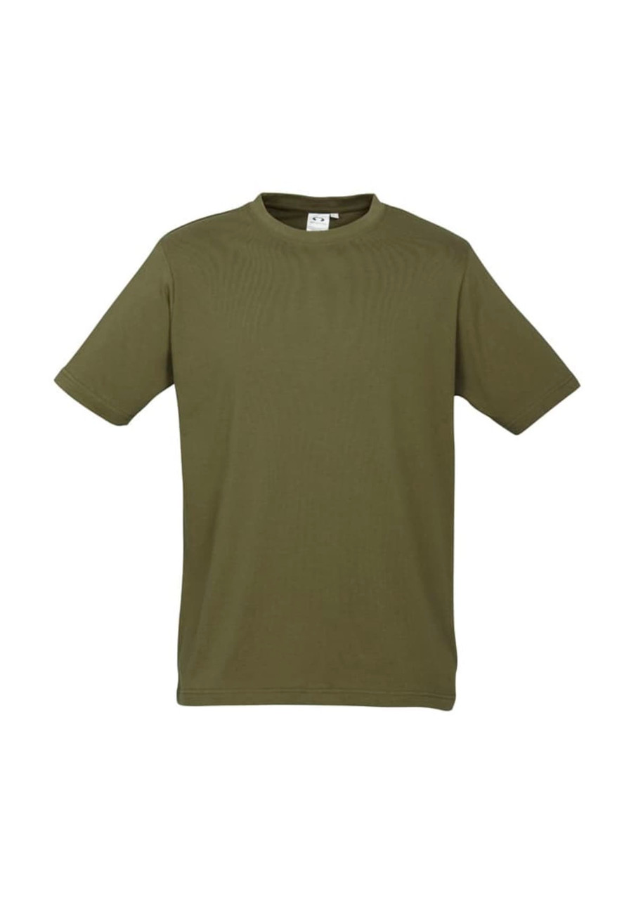 A short sleeve tee in olive green, featuring a round neckline and a simple design with a logo.
