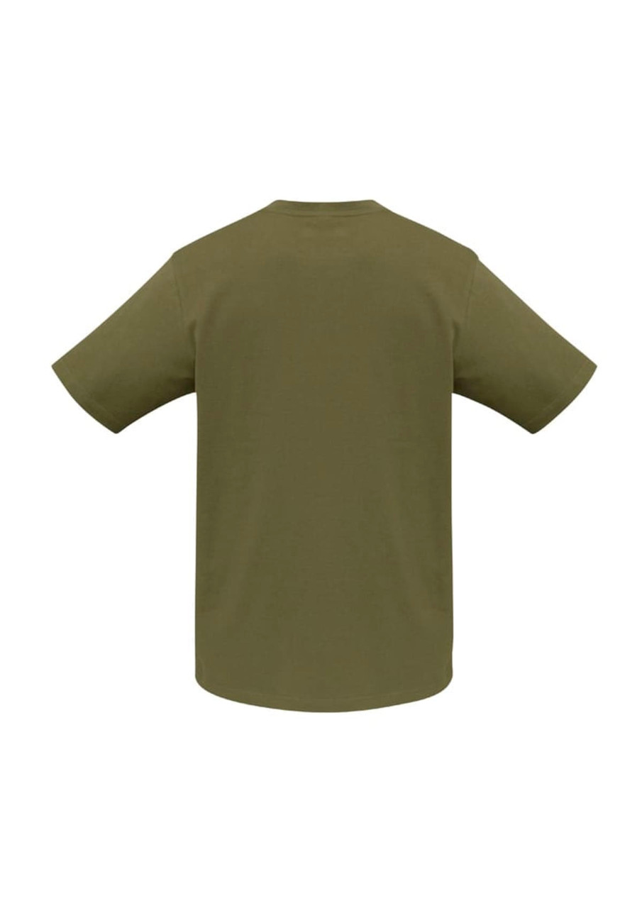 A men's short sleeve tee in olive green with a plain back and a logo.