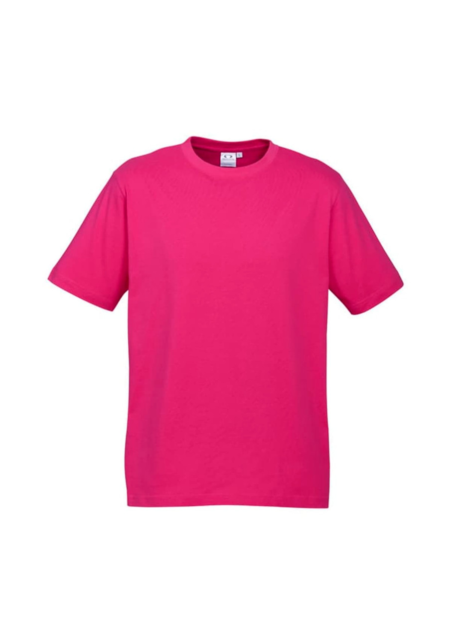 A pink short sleeve tee shirt featuring a standard crew neck and a logo. Perfect for casual wear.