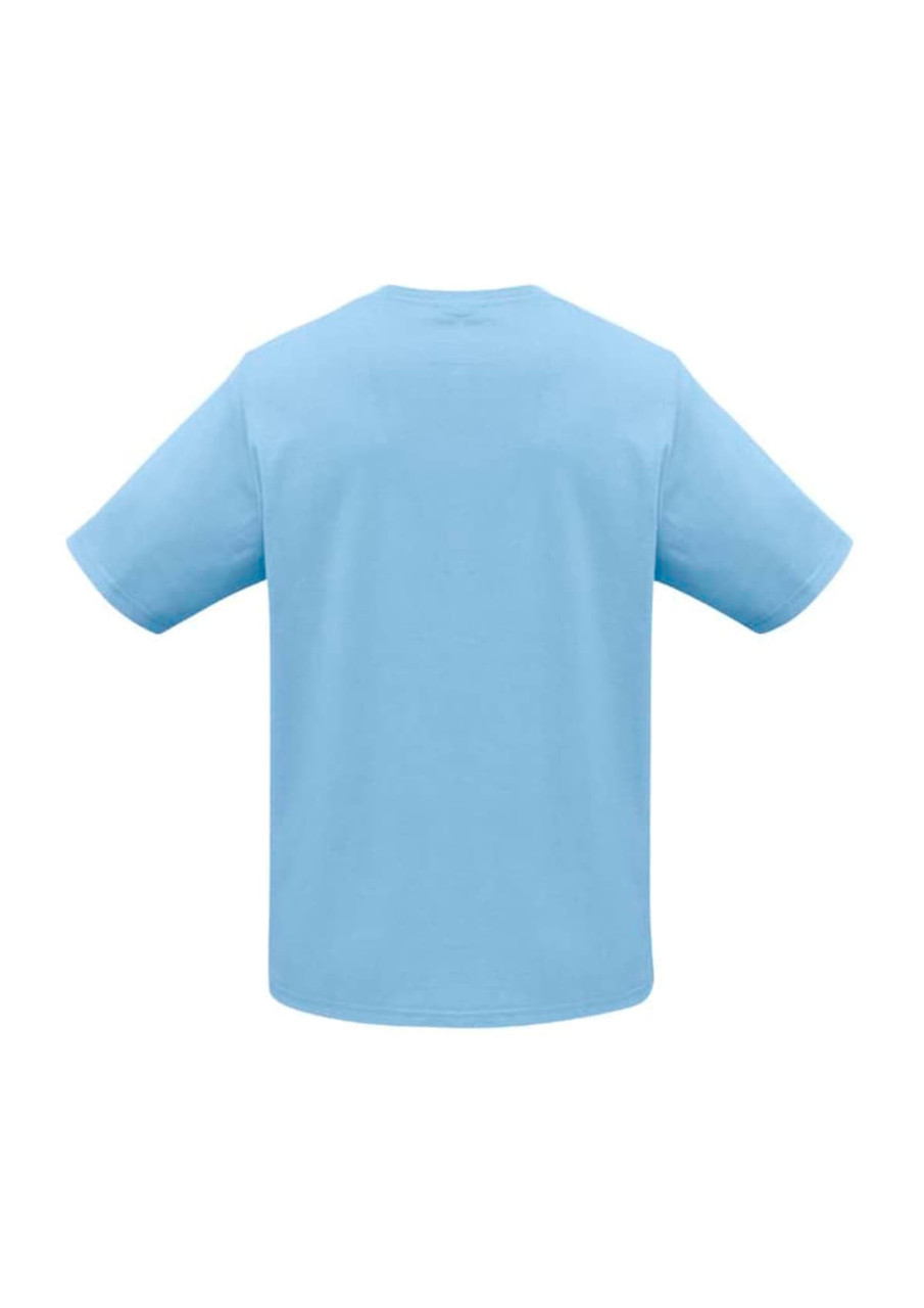 A short sleeve tee in light blue, featuring a simple design and a logo on the back.