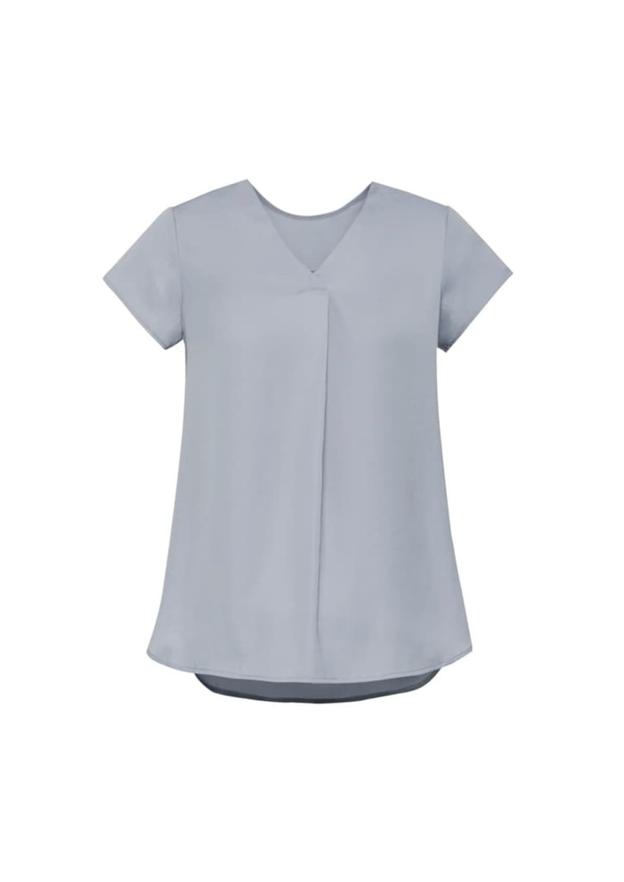 A light blue women's V-neck pleat blouse with short sleeves and a flowy design. It features a branding logo.