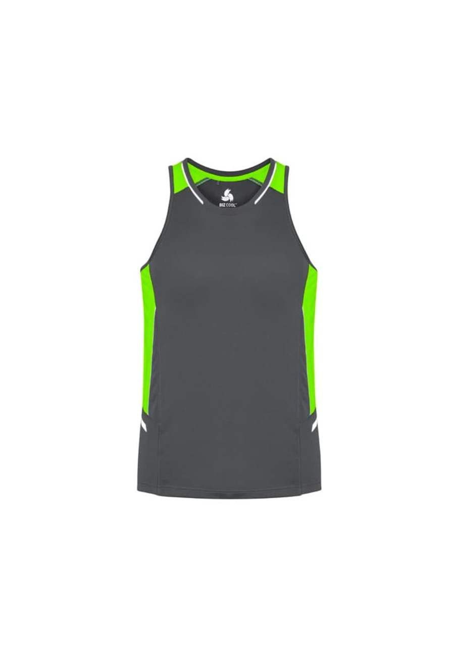 A men's singlet in grey with bright green accents and a logo on the chest. Suitable for sportswear.