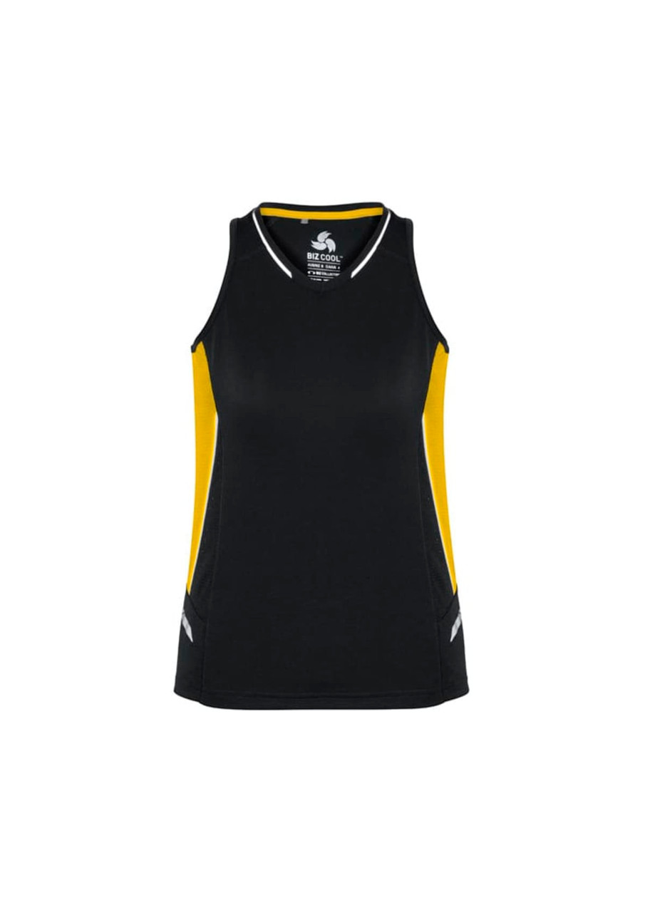 A black and yellow women's singlet featuring a logo, with a fitted design and contrasting side panels.