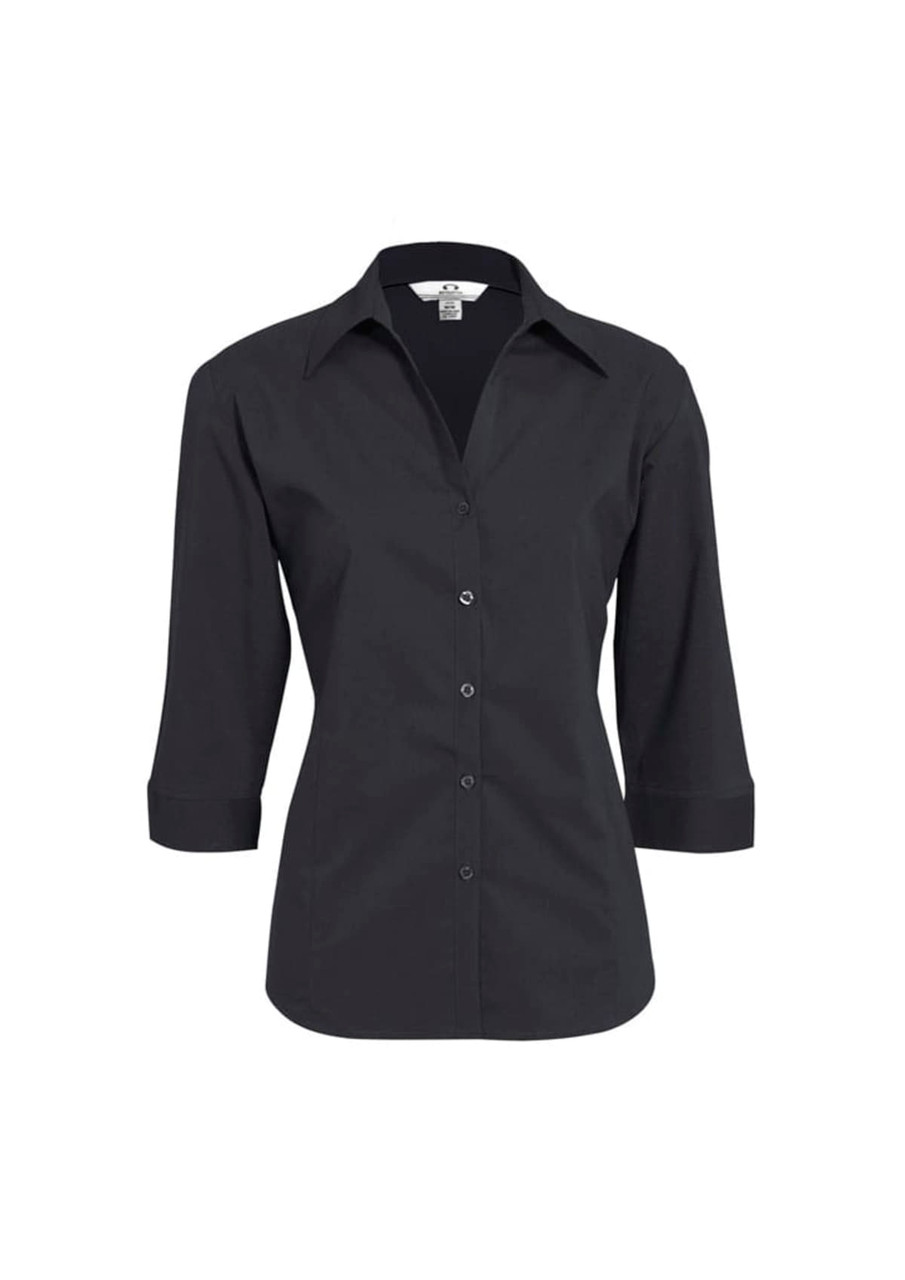 A women's black 3/4 sleeve button-up shirt featuring a collar and a logo.