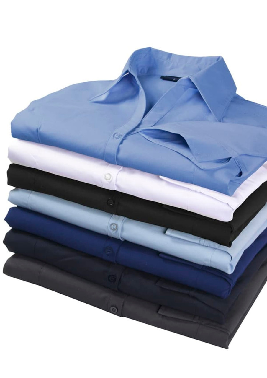 A stack of button-up shirts in various colours including blue, black, and white. Each shirt features a collar and buttons.