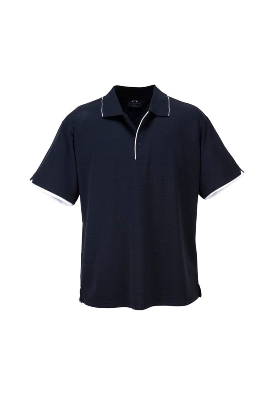 A navy blue men's short sleeve polo shirt with contrasting white detailing and a logo on the chest.