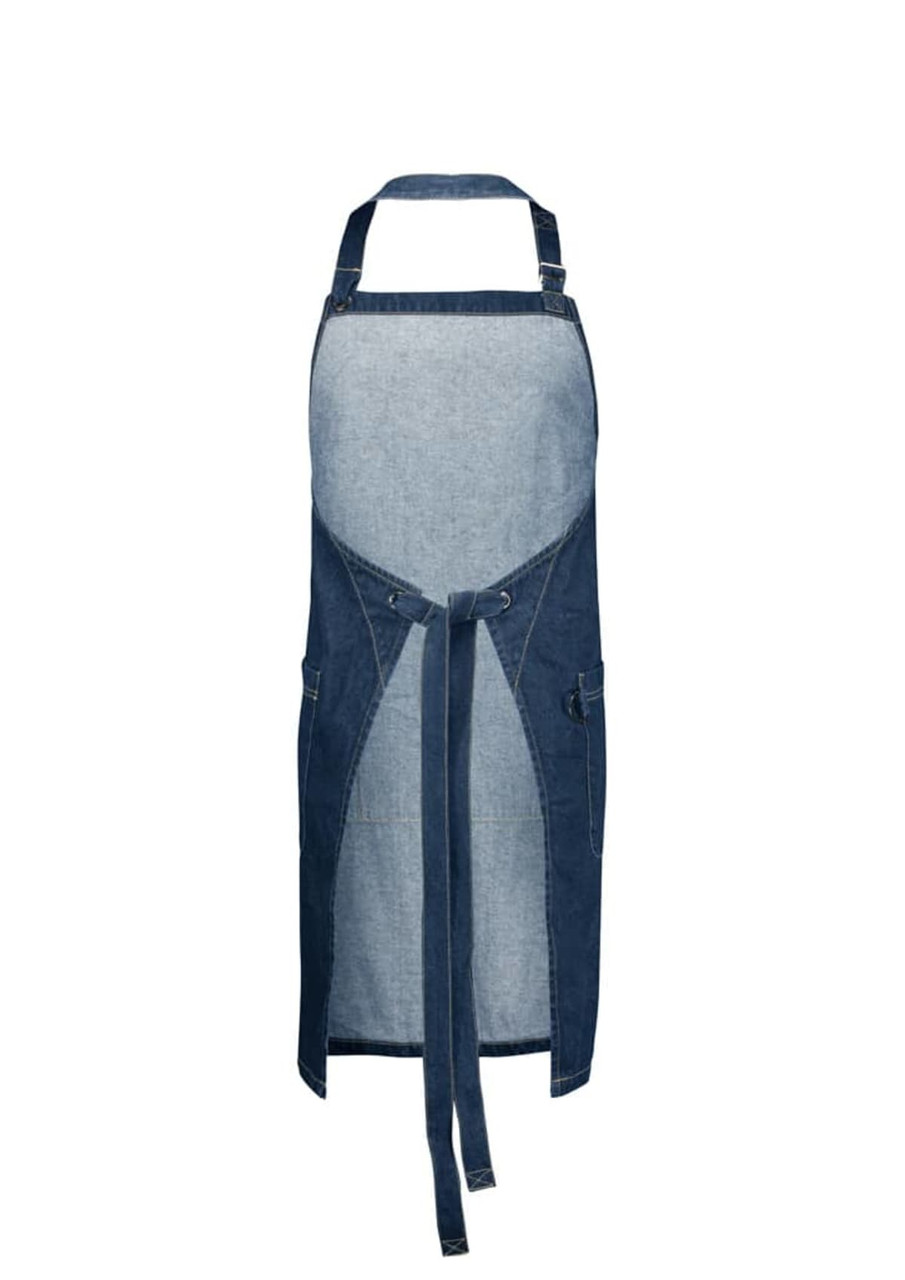 A denim apron featuring a lighter denim front, adjustable straps, and pockets with a tie waist.