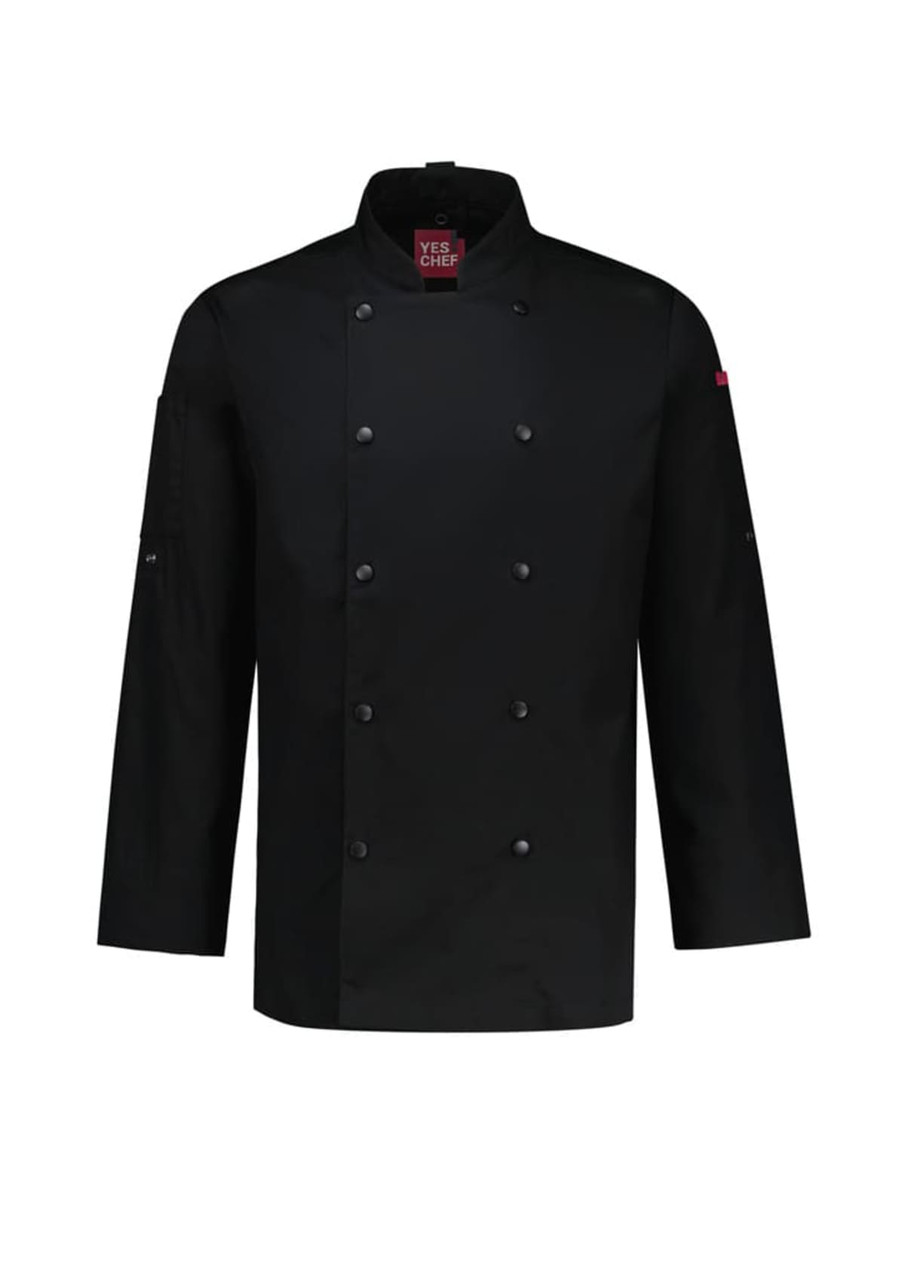 A black long sleeve chef jacket with a button-up front and a logo on the sleeve.