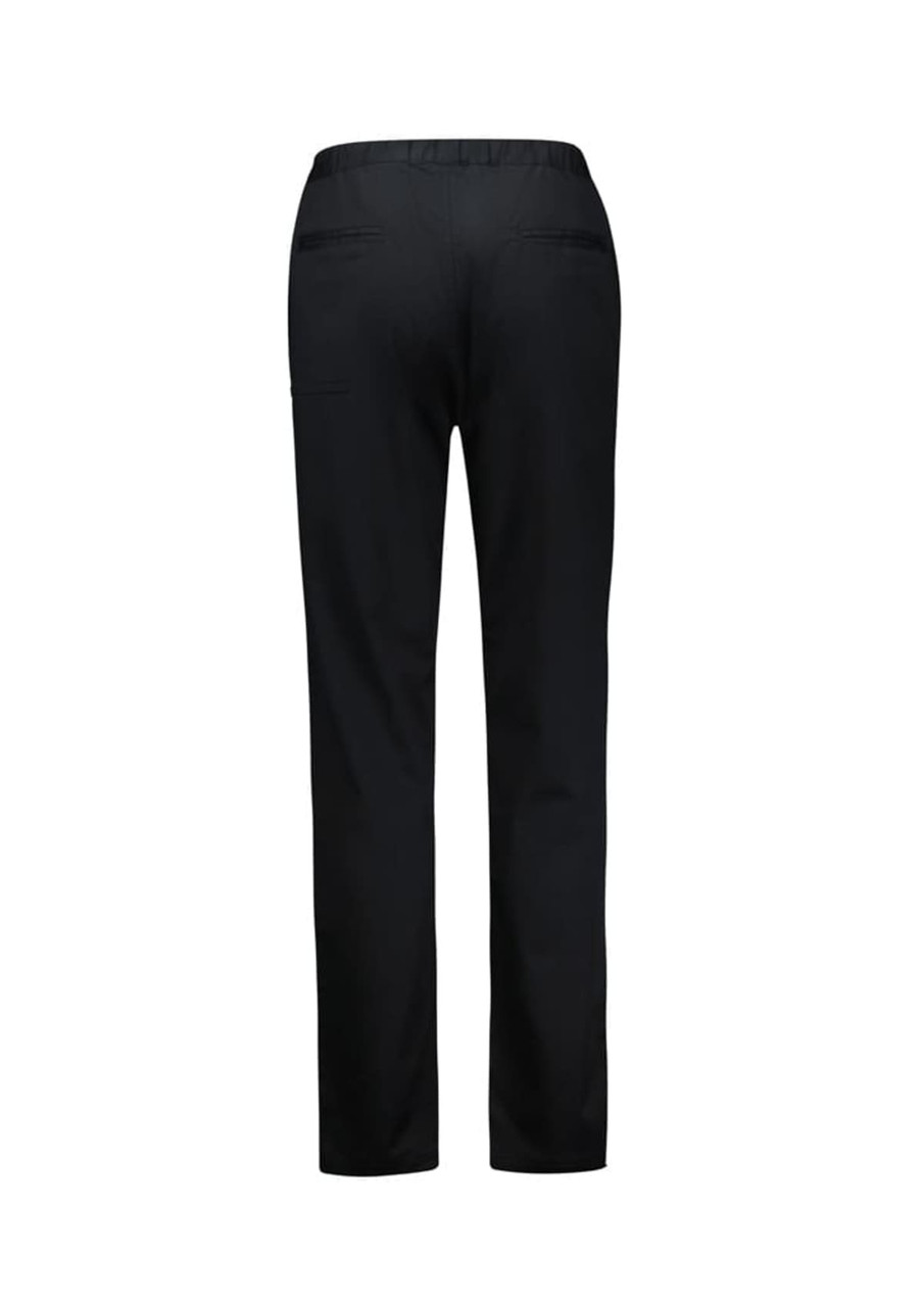 Black chef pants with a straight fit, featuring an elastic waist and pockets on the back.