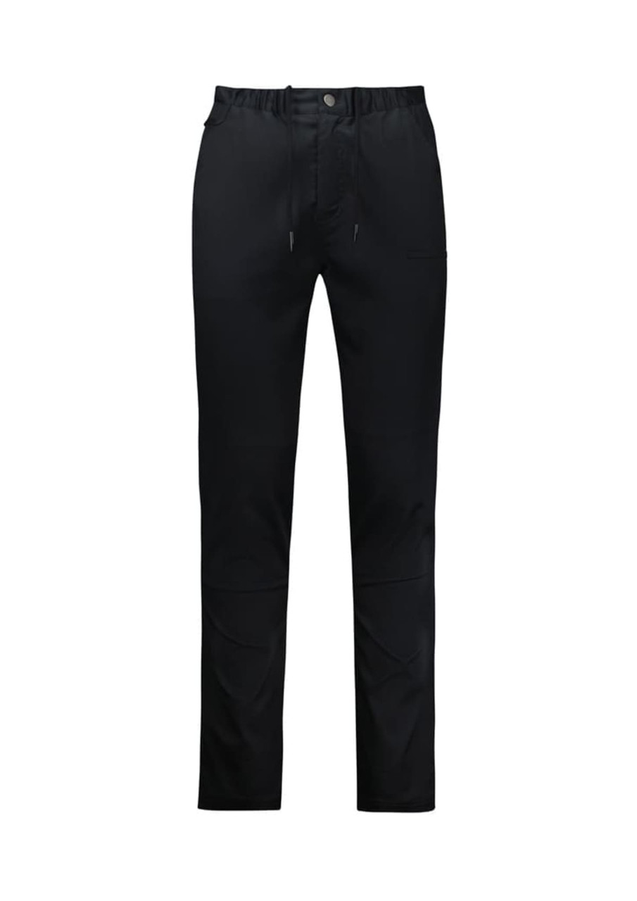 A black pair of chef pants with a flexible waistband and pockets, featuring subtle branding.