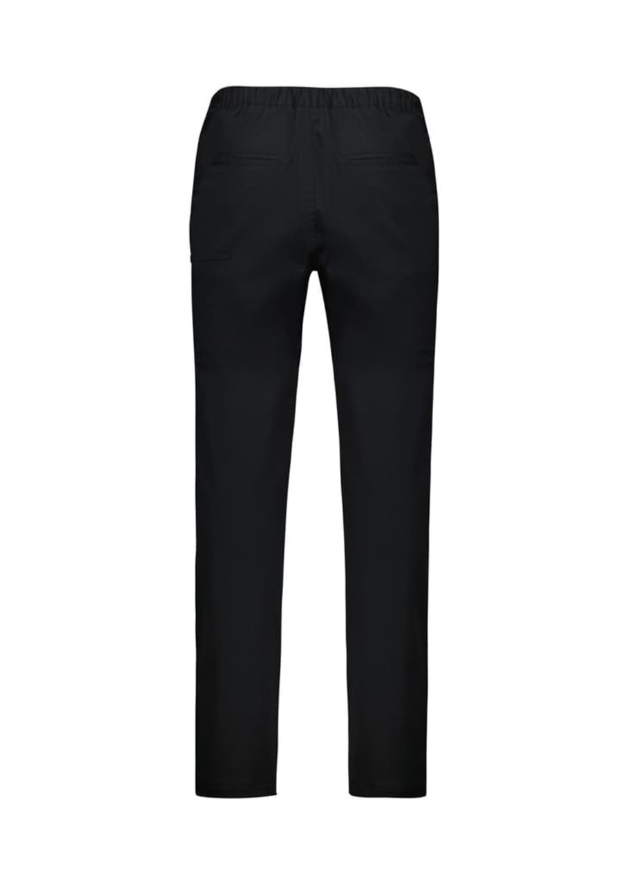 A pair of black chef pants with a flexible waistband and two back pockets. Features a logo on the waistband.