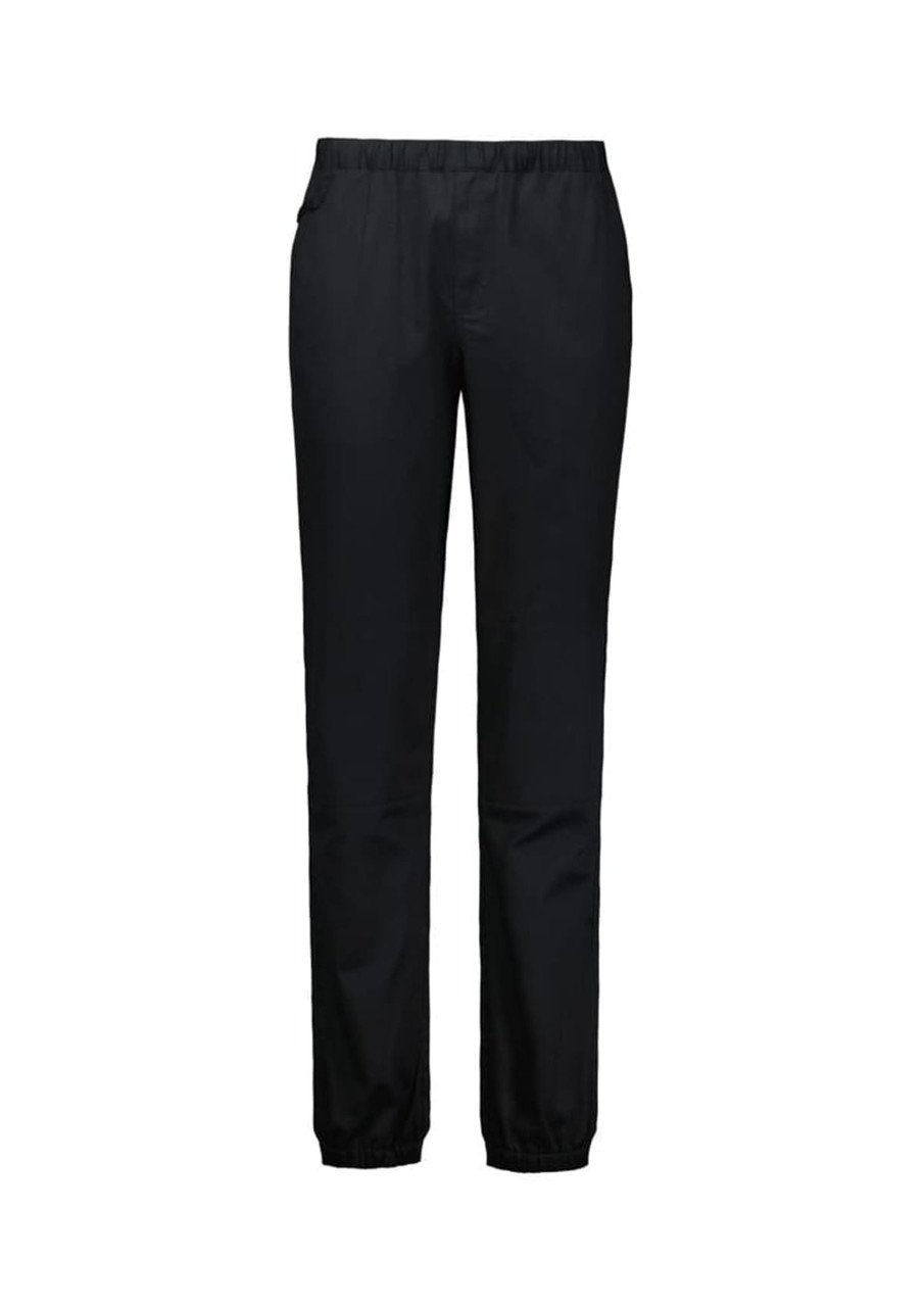 Black jogger pants with an elastic waistband and cuffs, designed for women's chefwear. Features a logo.