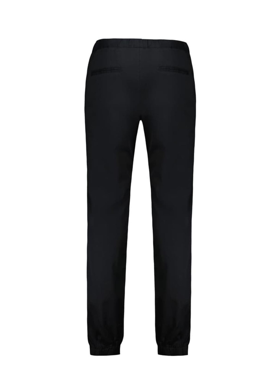 A pair of black jogger pants with elastic cuffs and back pockets, designed for chefs. Branding visible.
