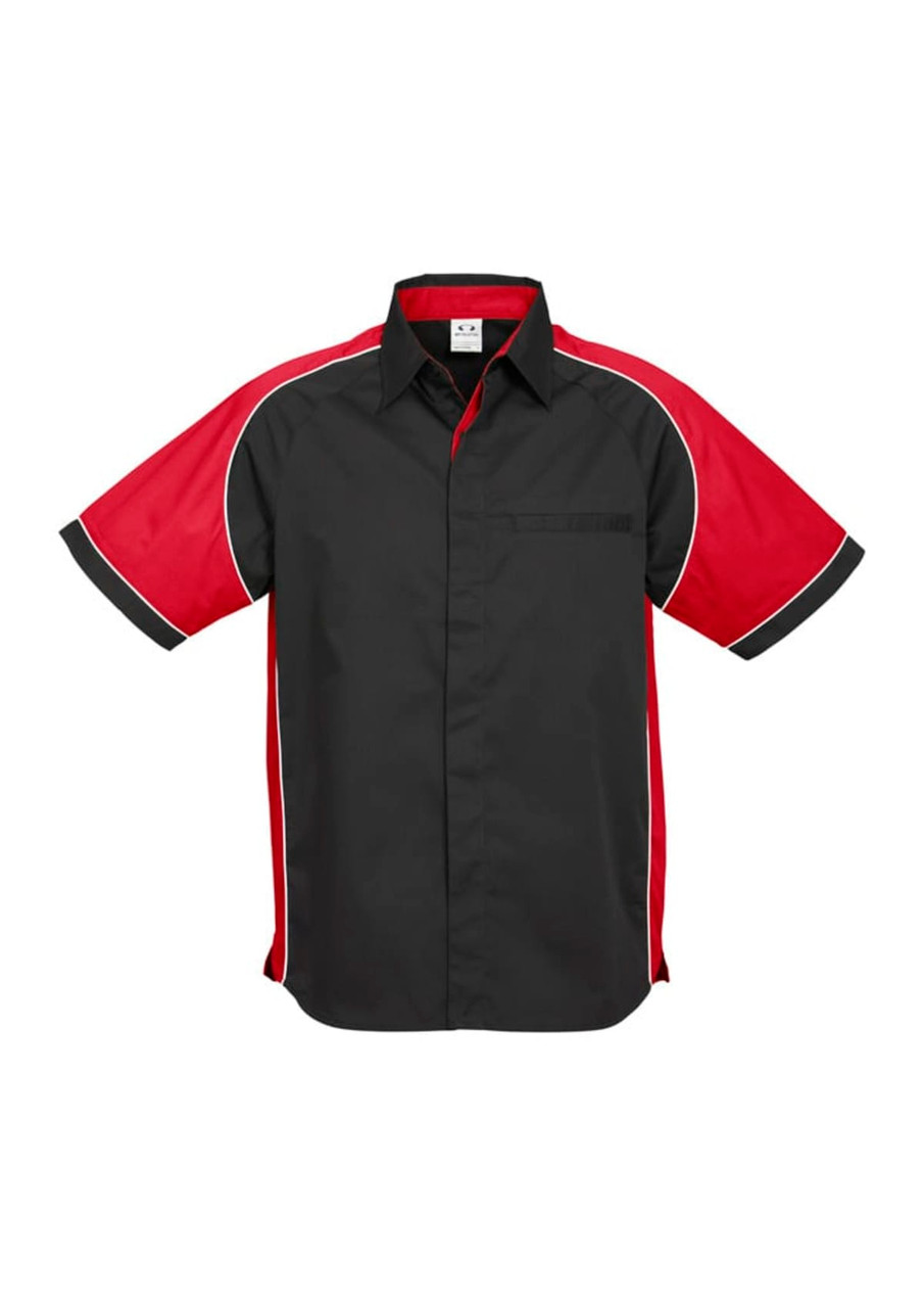A short-sleeve button-up shirt in black with red accents and a logo on the chest pocket.