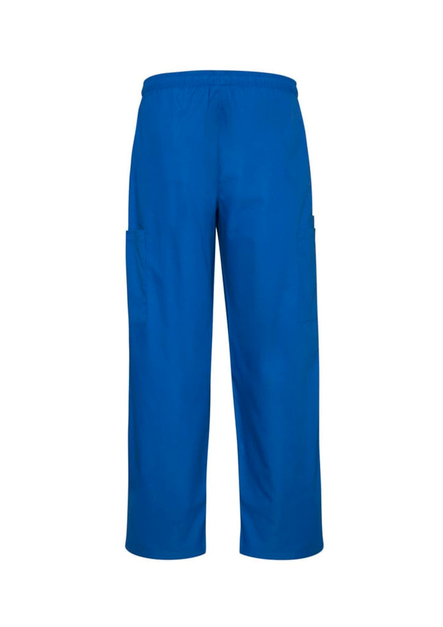 Blue unisex scrub cargo pants with an elastic waistband and side pockets. Features a logo on the waistband.