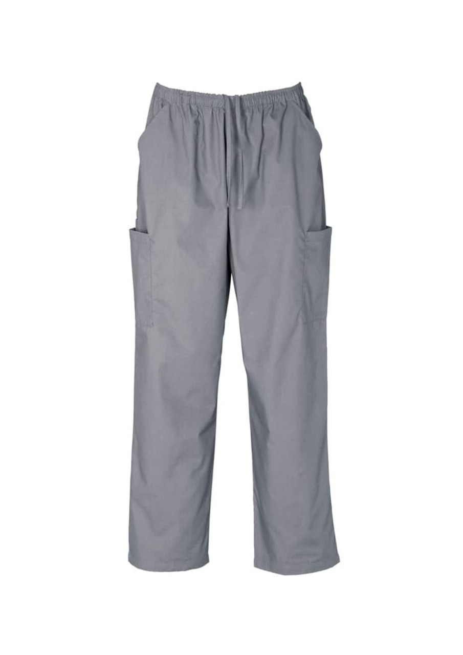 Classic unisex scrub cargo pants in grey, featuring an elastic waistband and multiple side pockets.