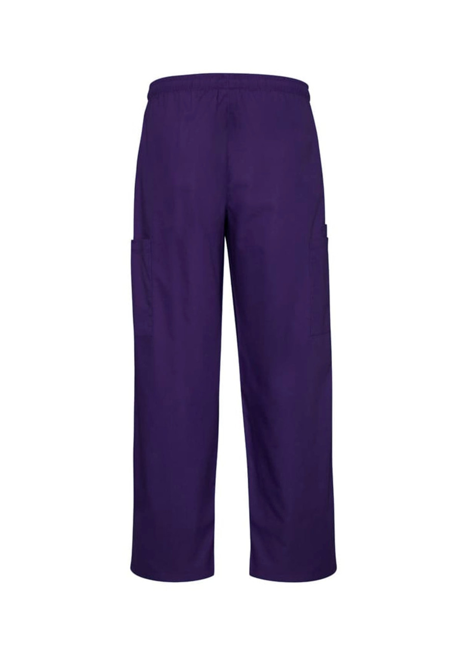 Unisex cargo pants in a deep purple colour, featuring side pockets and an elastic waistband.