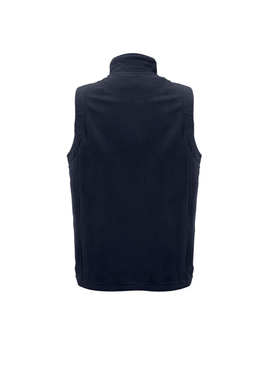 A plain black micro fleece vest with a high collar and no sleeves, featuring a logo on the back.