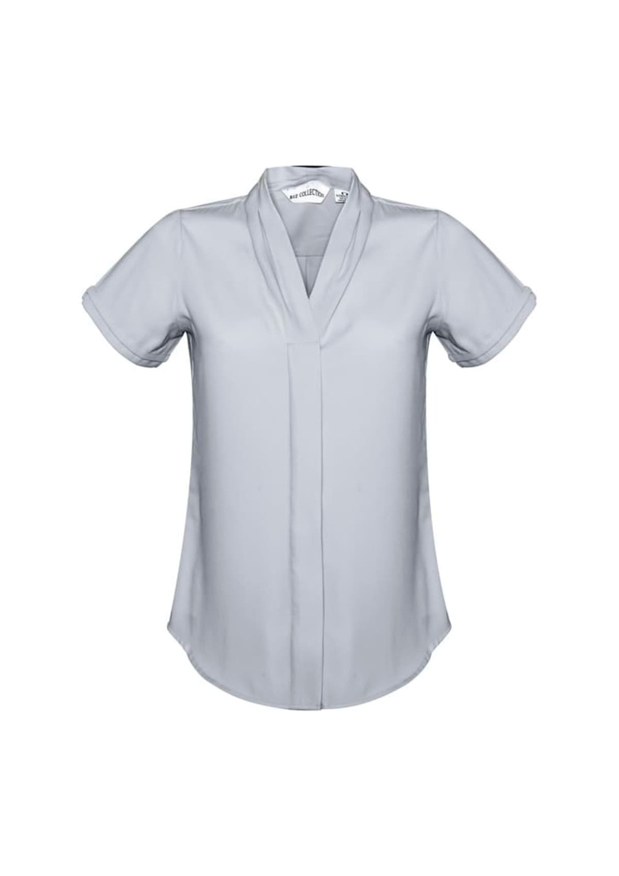 A light grey women's short sleeve button-up shirt with a stylish collar and subtle branding.